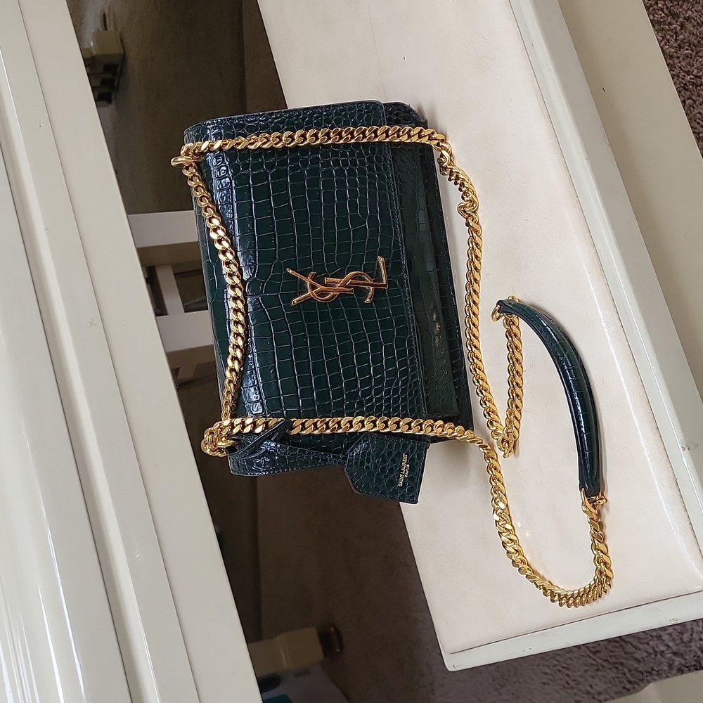Saint Laurent Green Purse "Sunset" in Embossed Crocodile Leather